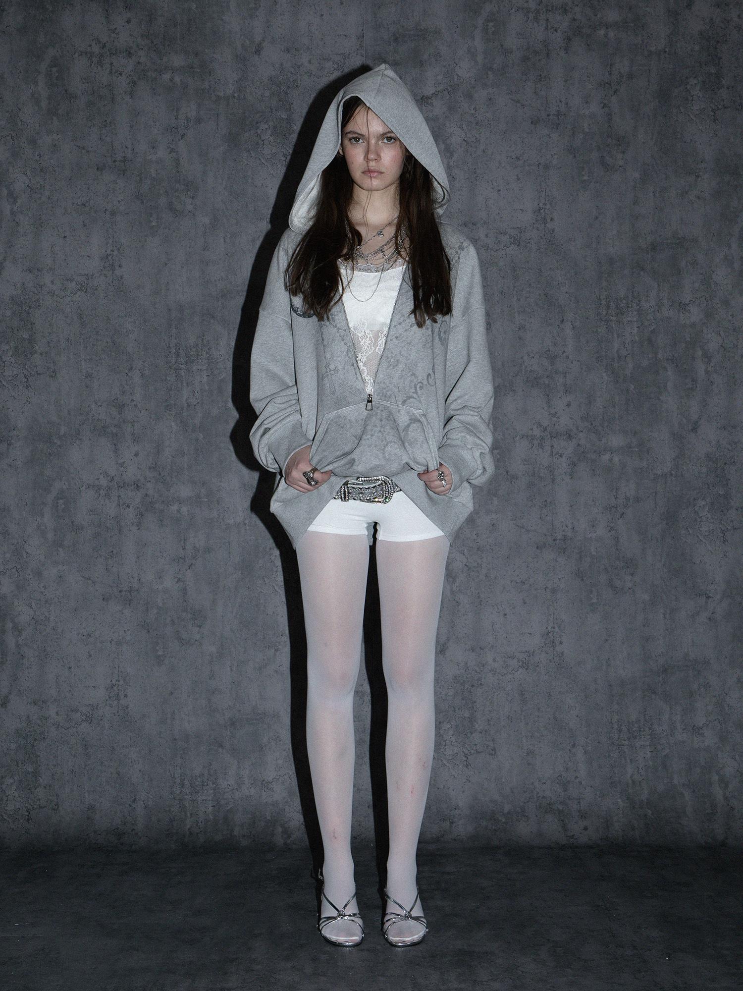 Oversized Hooded Zip-up Batwing Sweatshirt with Lace Detail