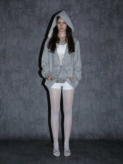 Oversized Hooded Zip-up Batwing Sweatshirt with Lace Detail