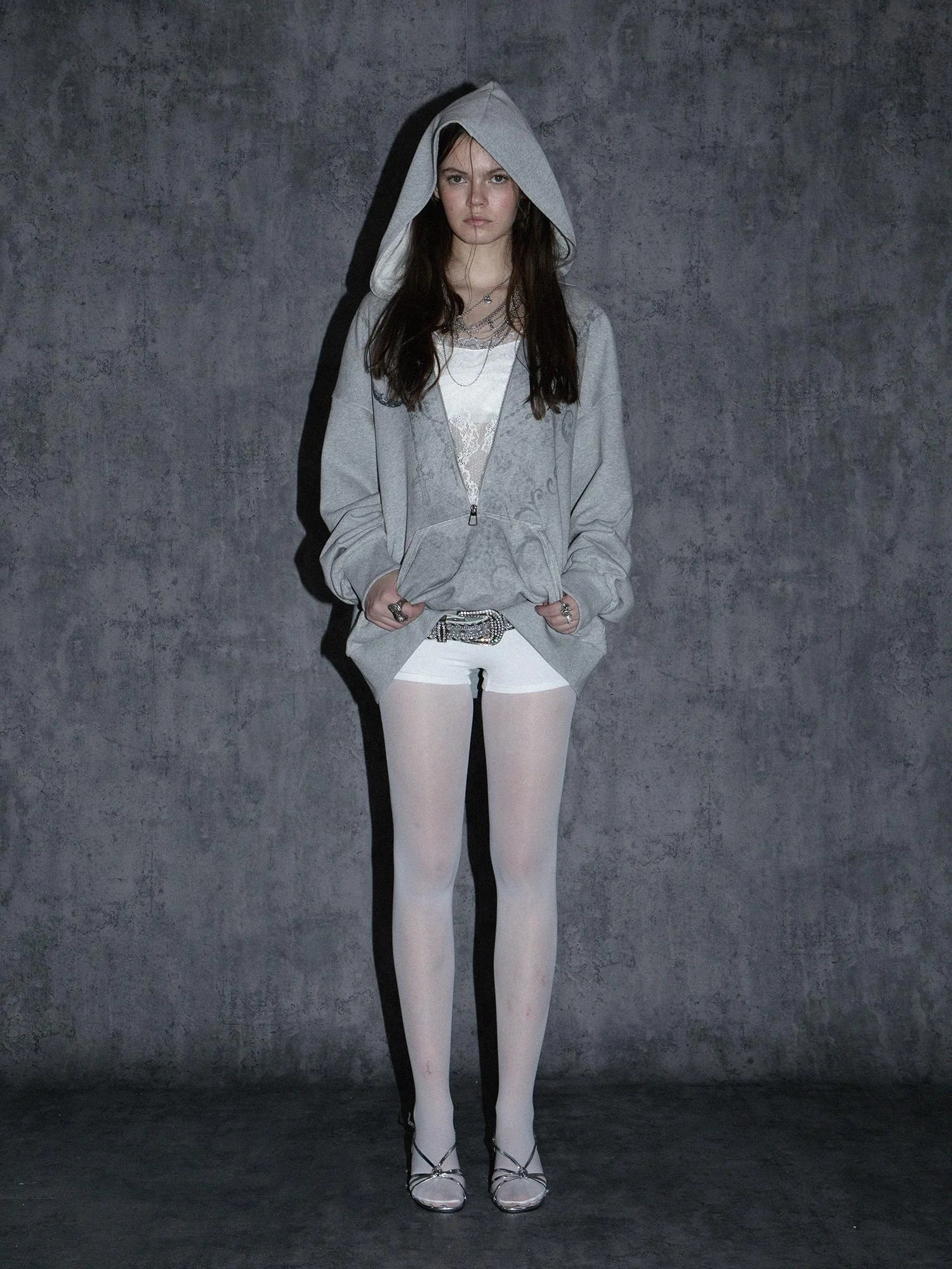 Oversized Hooded Zip-Up Batwing Sweatshirt With Lace Detail