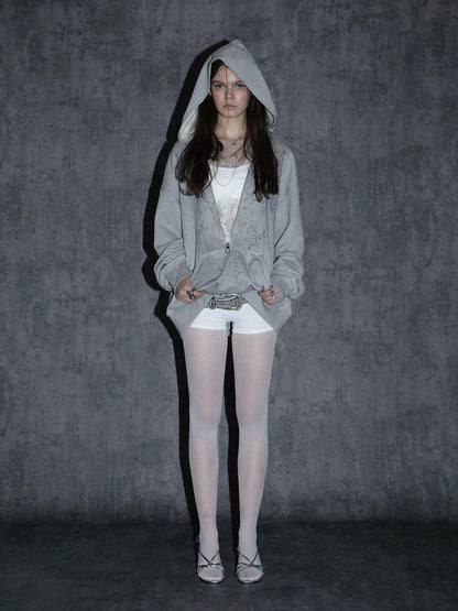 Oversized Hooded Zip-Up Batwing Sweatshirt With Lace Detail