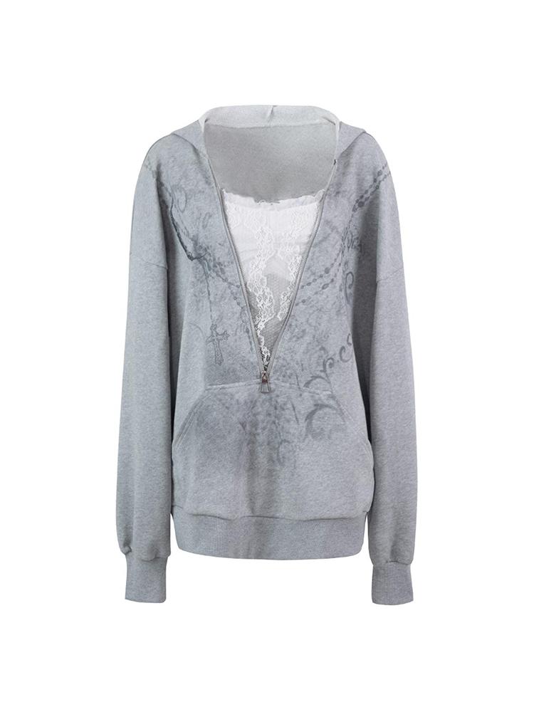 Oversized Hooded Zip-up Batwing Sweatshirt with Lace Detail