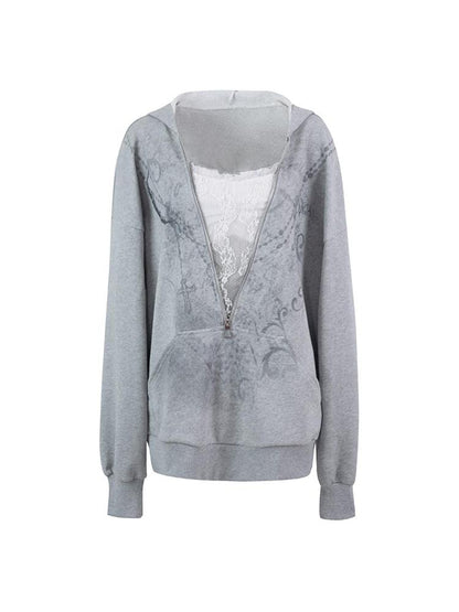 Oversized Hooded Zip-up Batwing Sweatshirt with Lace Detail