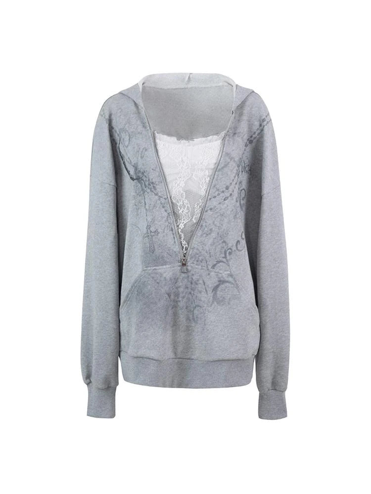 Oversized Hooded Zip-Up Batwing Sweatshirt With Lace Detail