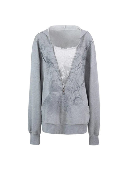 Oversized Hooded Zip-Up Batwing Sweatshirt With Lace Detail