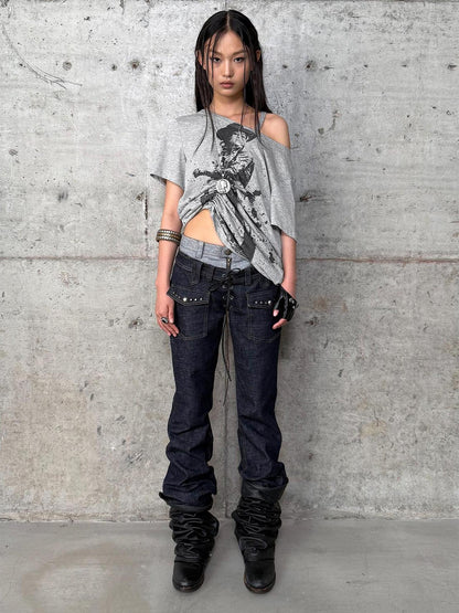 DoublePunch Oversized Off Shoulder Adjustable Drawstring Print T-Shirt