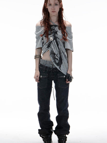 DoublePunch Oversized Off Shoulder Adjustable Drawstring Print T-Shirt