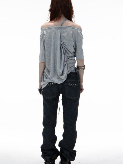 DoublePunch Oversized Off Shoulder Adjustable Drawstring Print T-Shirt
