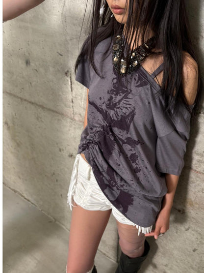 DoublePunch Oversized Off Shoulder Adjustable Drawstring Print T-Shirt