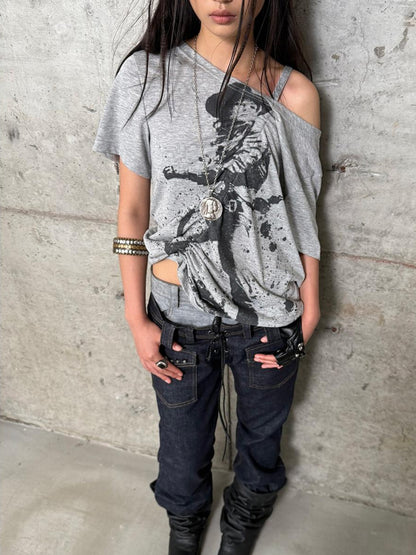 DoublePunch Oversized Off Shoulder Adjustable Drawstring Print T-Shirt