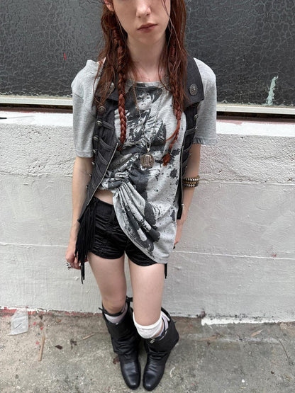 DoublePunch Oversized Off Shoulder Adjustable Drawstring Print T-Shirt