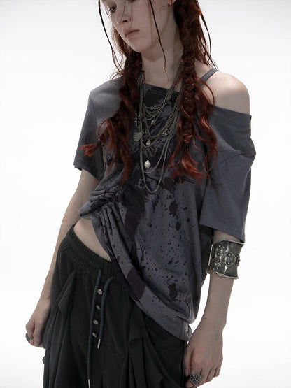 DoublePunch Oversized Off Shoulder Adjustable Drawstring Print T-Shirt