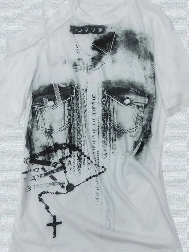 Oversized Off Shoulder Lace Print Summer T-Shirt Women