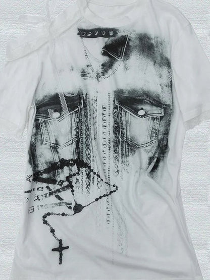 Oversized Off Shoulder Lace Print Summer T-Shirt Women