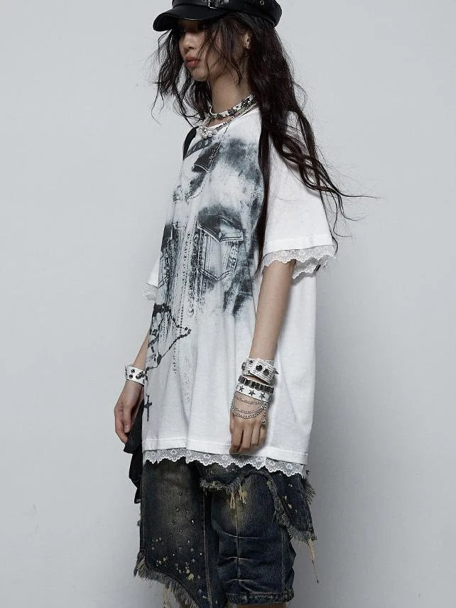 Oversized Off Shoulder Lace Print Summer T-Shirt Women