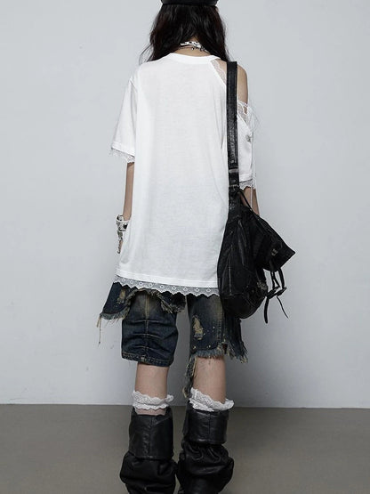 Oversized Off Shoulder Lace Print Summer T-Shirt Women