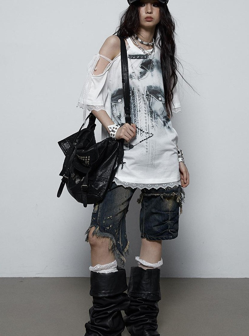 NO ROMANCE Oversized Off Shoulder Lace Print Summer T-Shirt Women