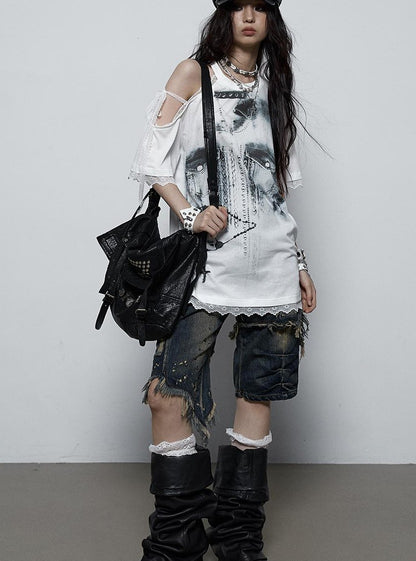 NO ROMANCE Oversized Off Shoulder Lace Print Summer T-Shirt Women