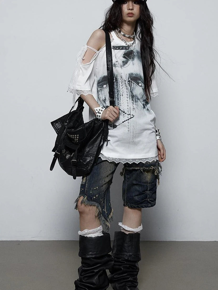 Oversized Off Shoulder Lace Print Summer T-Shirt Women