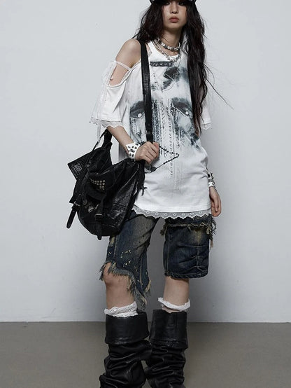 Oversized Off Shoulder Lace Print Summer T-Shirt Women