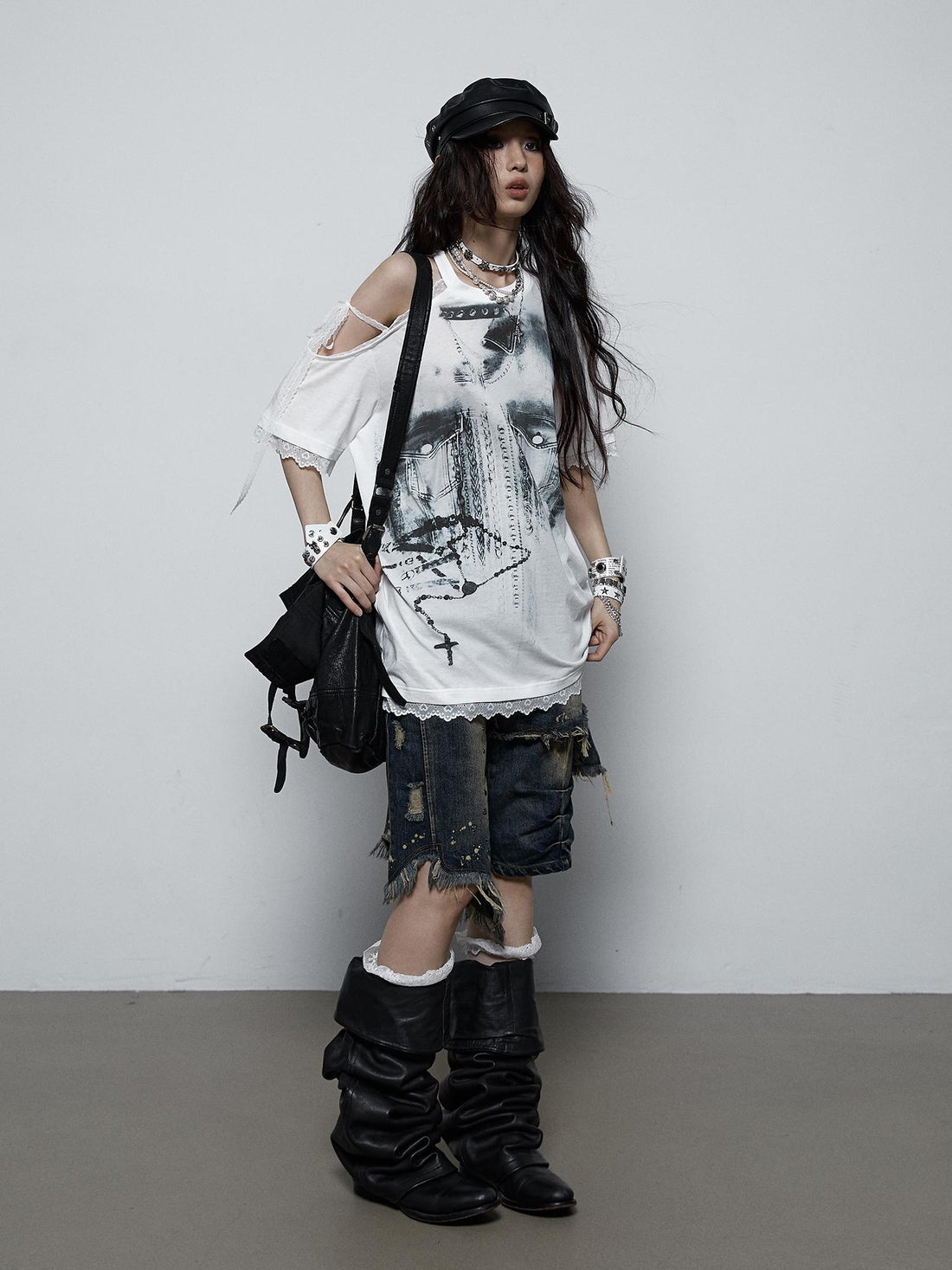 NO ROMANCE Oversized Off Shoulder Lace Print Summer T-Shirt Women