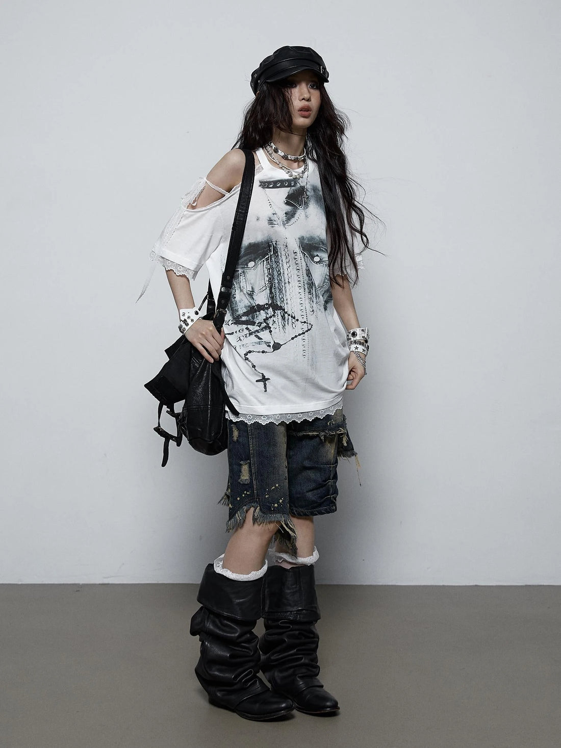 Oversized Off Shoulder Lace Print Summer T-Shirt Women