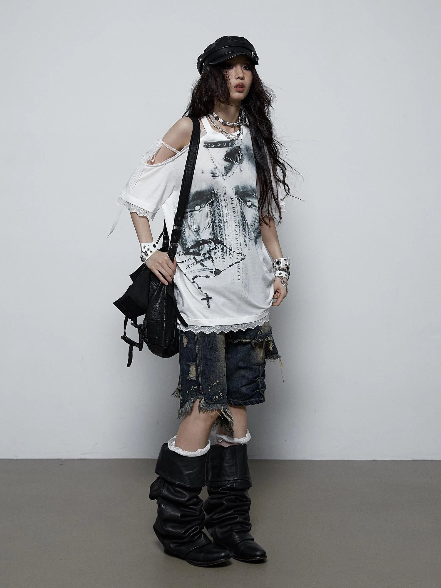 Oversized Off Shoulder Lace Print Summer T-Shirt Women