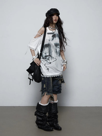 Oversized Off Shoulder Lace Print Summer T-Shirt Women