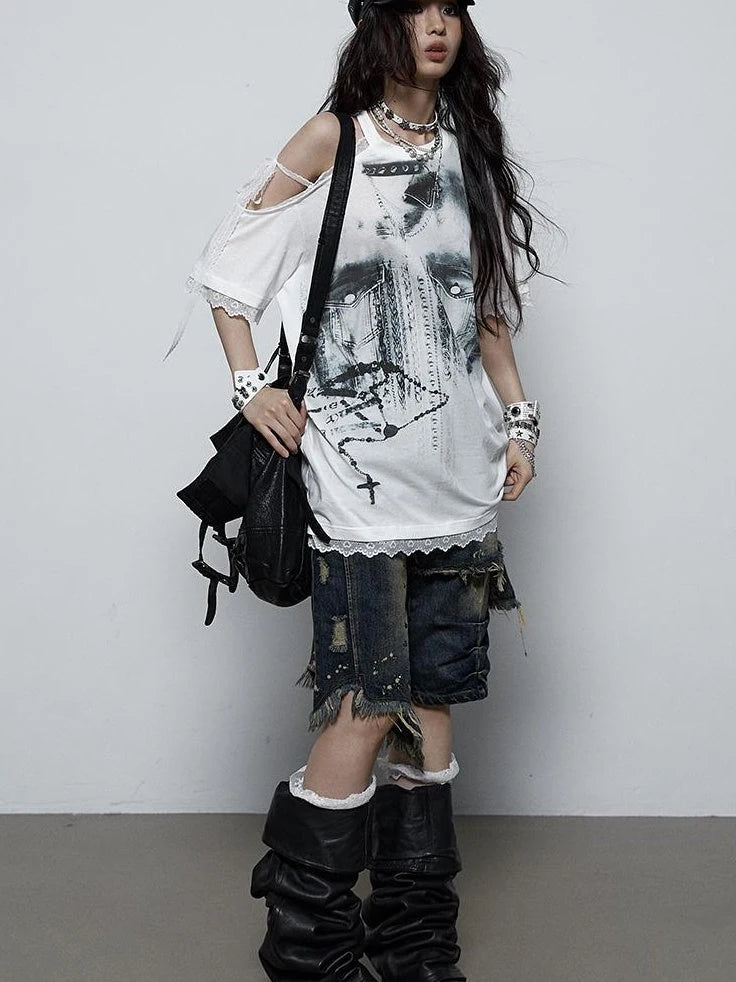 Oversized Off Shoulder Lace Print Summer T-Shirt Women