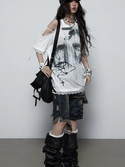 Oversized Off Shoulder Lace Print Summer T-Shirt Women