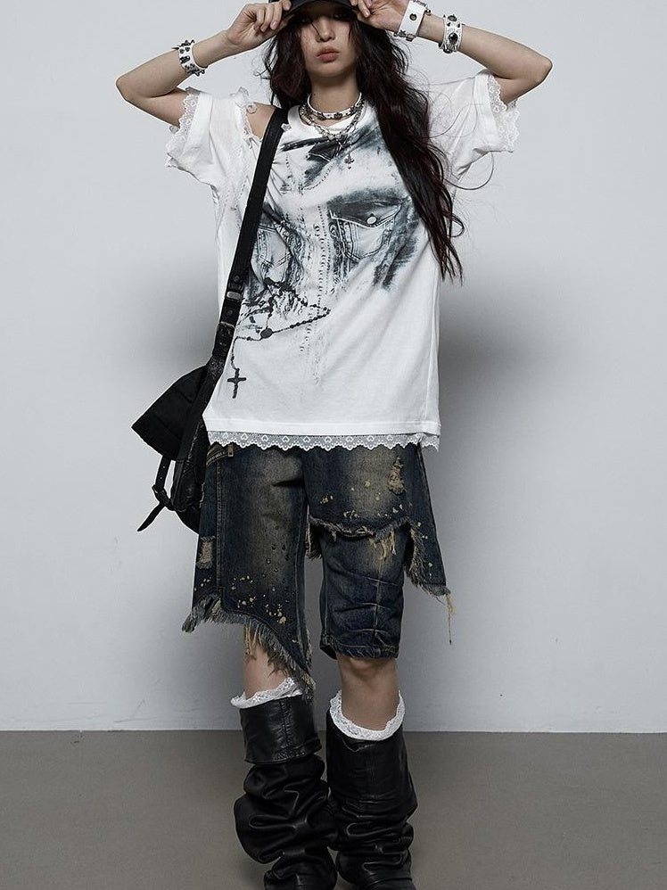 NO ROMANCE Oversized Off Shoulder Lace Print Summer T-Shirt Women