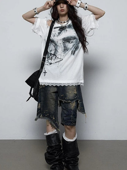 Oversized Off Shoulder Lace Print Summer T-Shirt Women