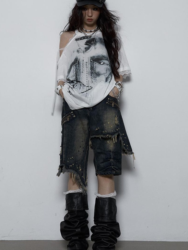NO ROMANCE Oversized Off Shoulder Lace Print Summer T-Shirt Women