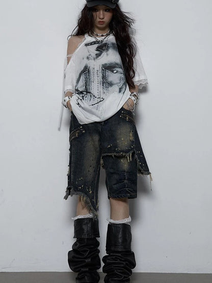 Oversized Off Shoulder Lace Print Summer T-Shirt Women