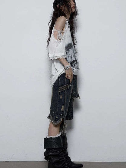 Oversized Off Shoulder Lace Print Summer T-Shirt Women