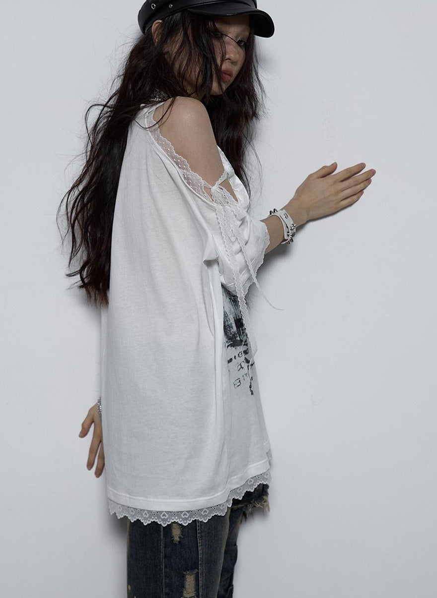 NO ROMANCE Oversized Off Shoulder Lace Print Summer T-Shirt Women