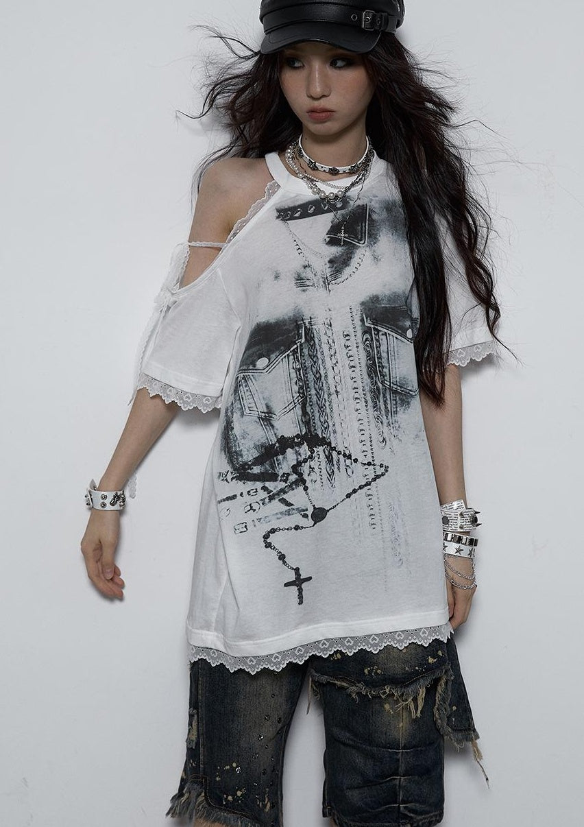 NO ROMANCE Oversized Off Shoulder Lace Print Summer T-Shirt Women
