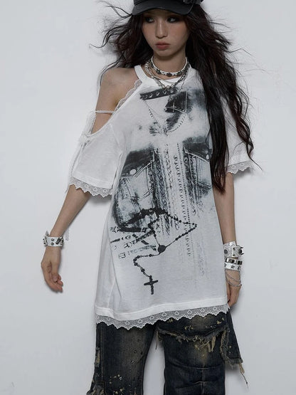 Oversized Off Shoulder Lace Print Summer T-Shirt Women