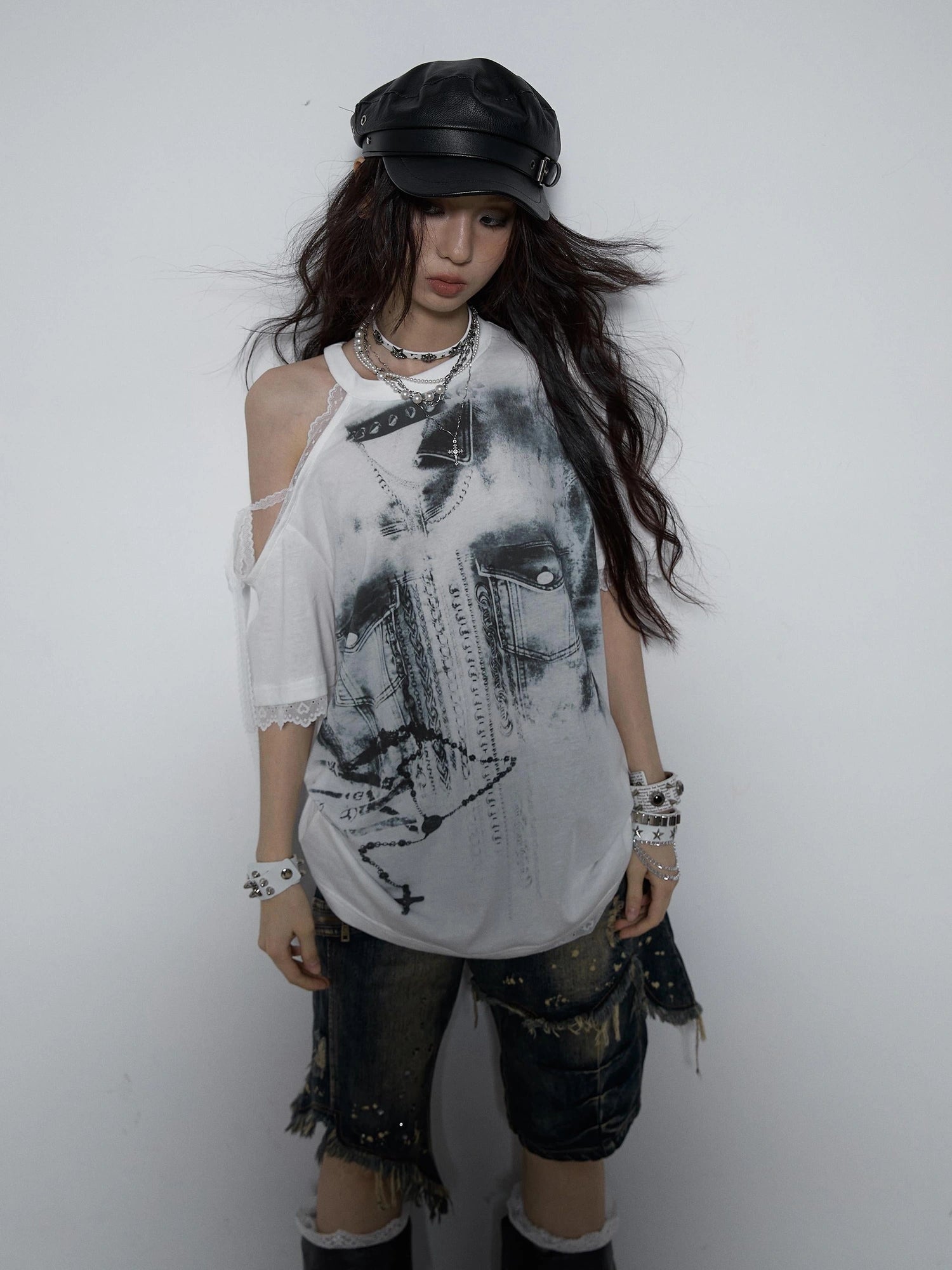 Oversized Off Shoulder Lace Print Summer T-Shirt Women