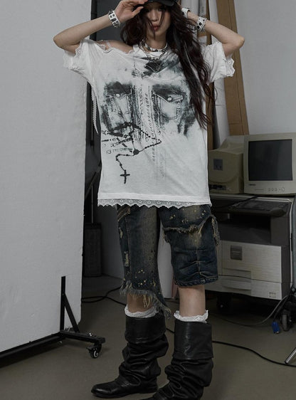 NO ROMANCE Oversized Off Shoulder Lace Print Summer T-Shirt Women