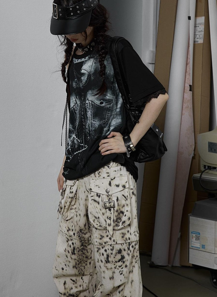 NO ROMANCE Oversized Off Shoulder Lace Print Summer T-Shirt Women
