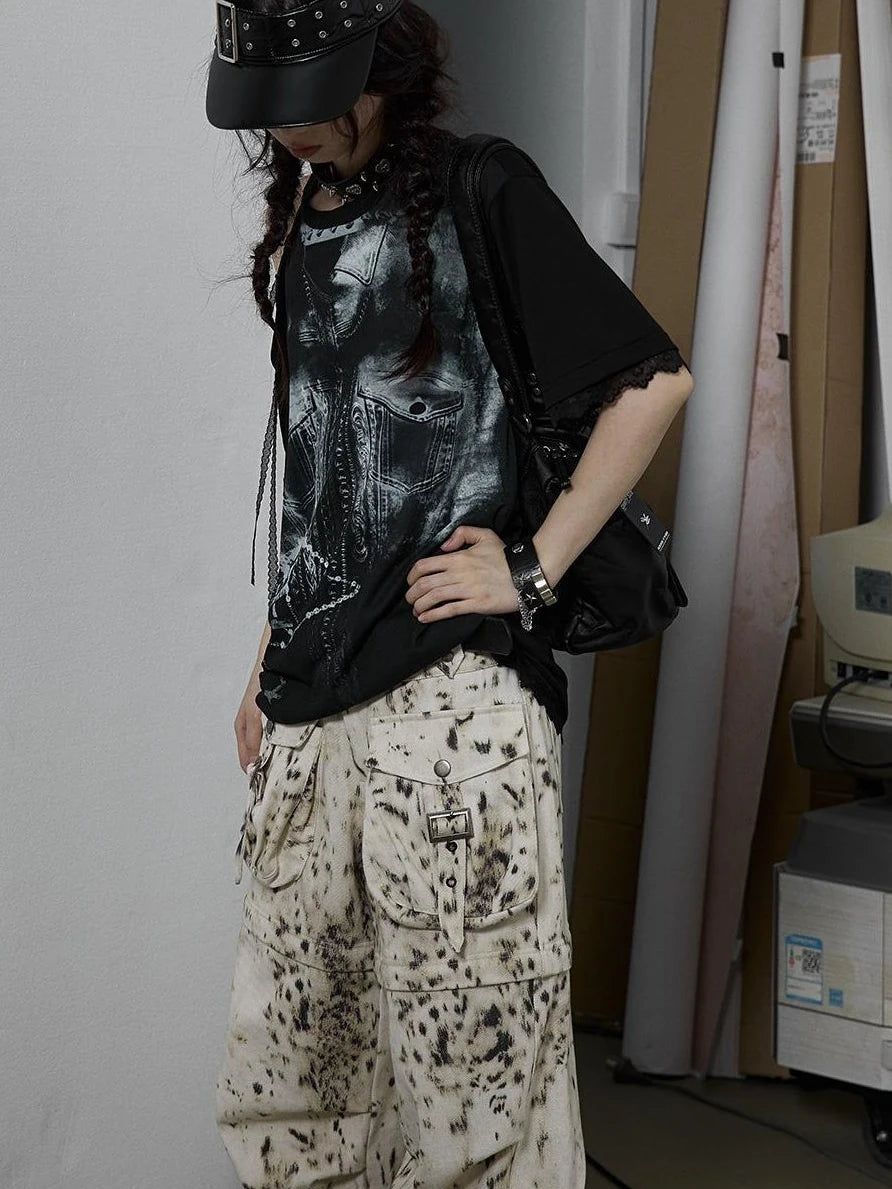 Oversized Off Shoulder Lace Print Summer T-Shirt Women