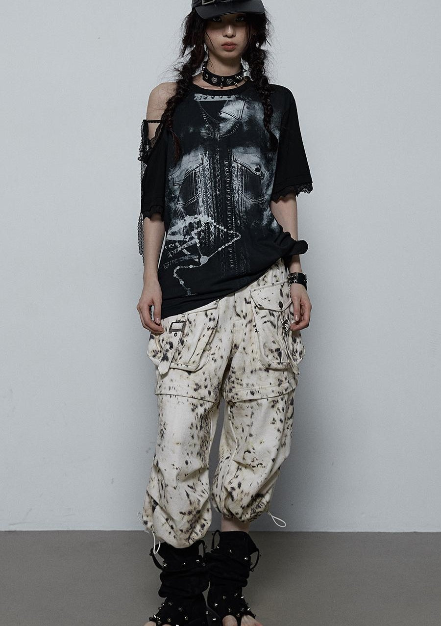 NO ROMANCE Oversized Off Shoulder Lace Print Summer T-Shirt Women