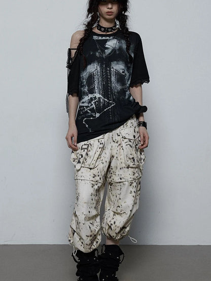 Oversized Off Shoulder Lace Print Summer T-Shirt Women