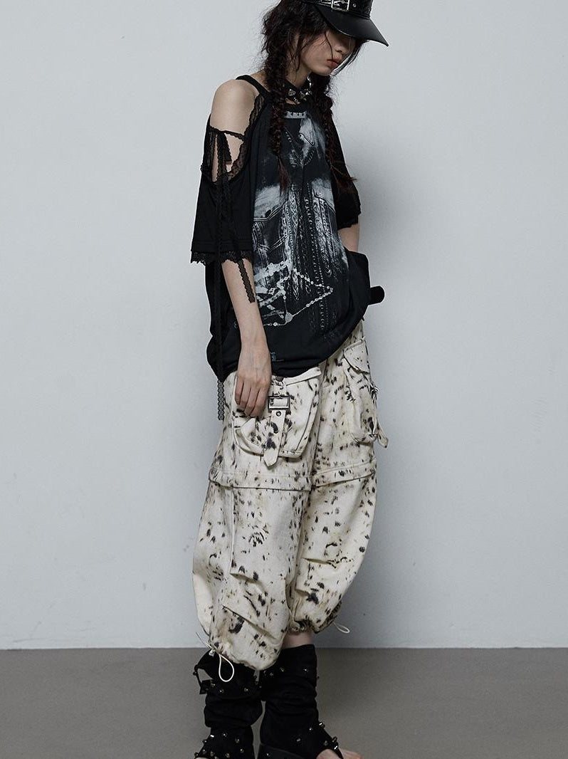 NO ROMANCE Oversized Off Shoulder Lace Print Summer T-Shirt Women