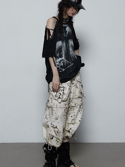 NO ROMANCE Oversized Off Shoulder Lace Print Summer T-Shirt Women