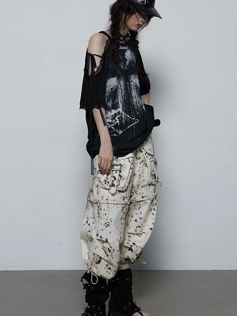 Oversized Off Shoulder Lace Print Summer T-Shirt Women