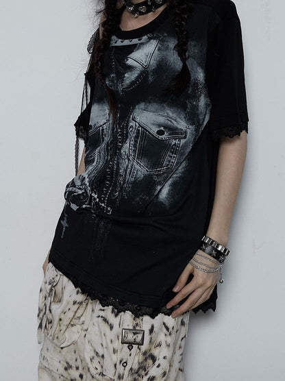 NO ROMANCE Oversized Off Shoulder Lace Print Summer T-Shirt Women