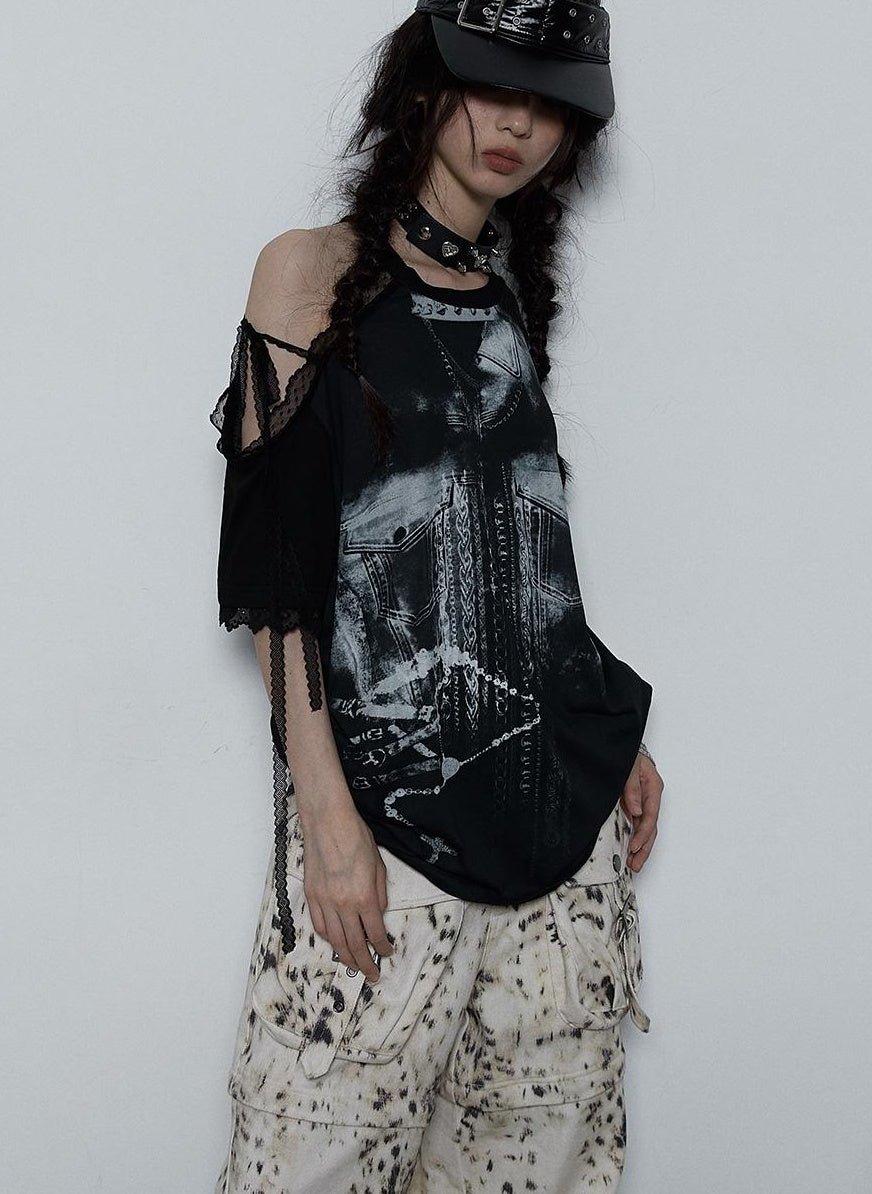 NO ROMANCE Oversized Off Shoulder Lace Print Summer T-Shirt Women