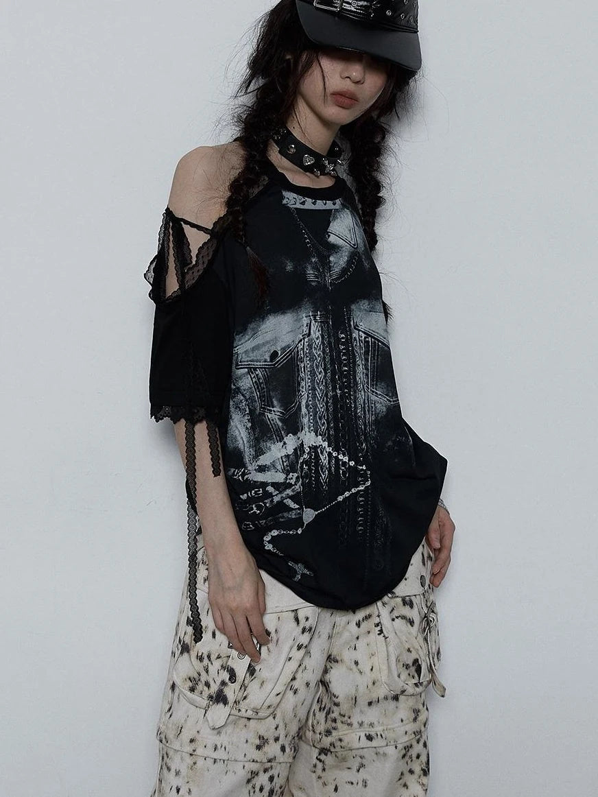 Oversized Off Shoulder Lace Print Summer T-Shirt Women