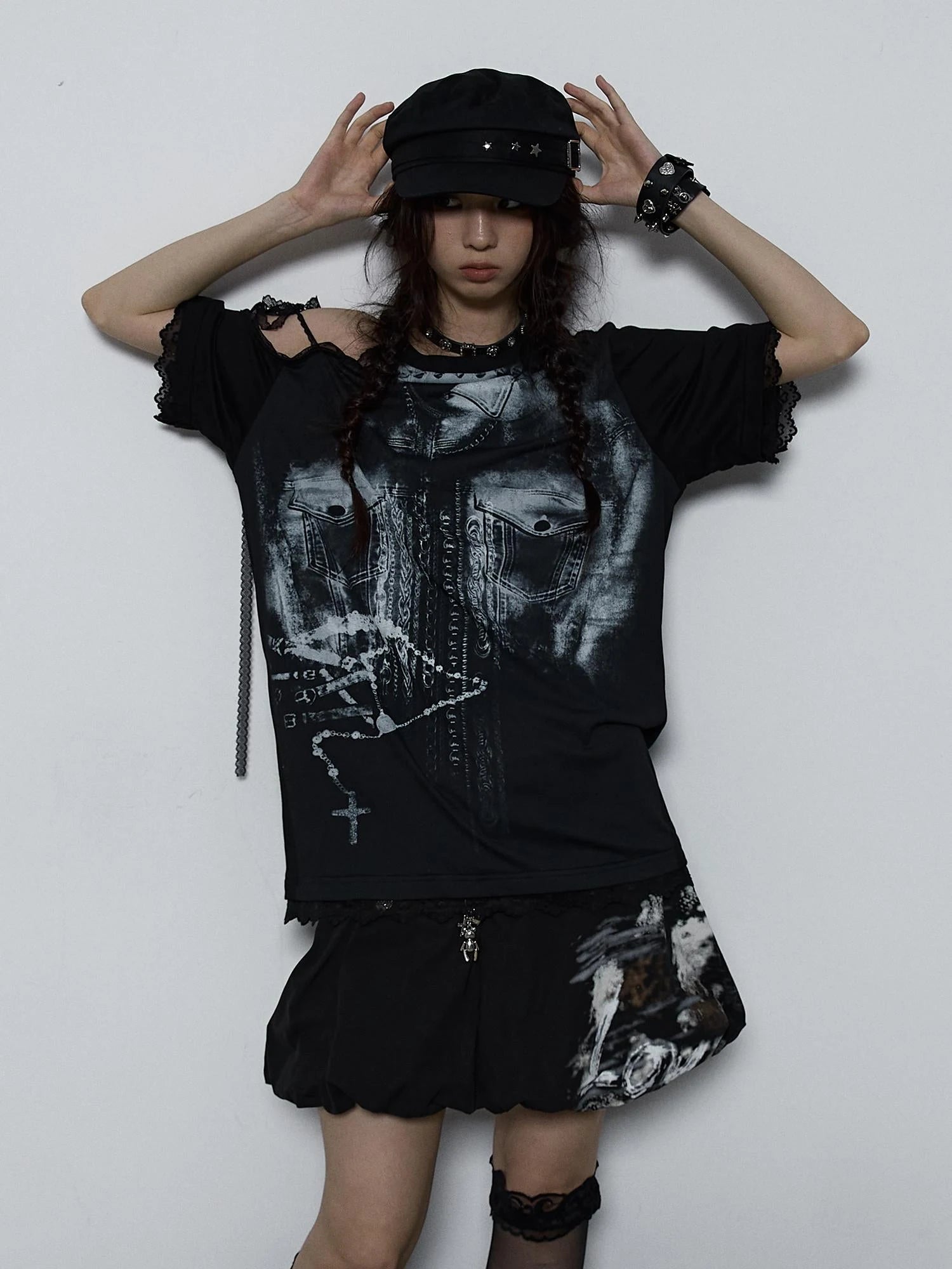 Oversized Off Shoulder Lace Print Summer T-Shirt Women